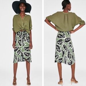 Zara Leaf Print Midi Skirt Draped Faux Wrap Medium